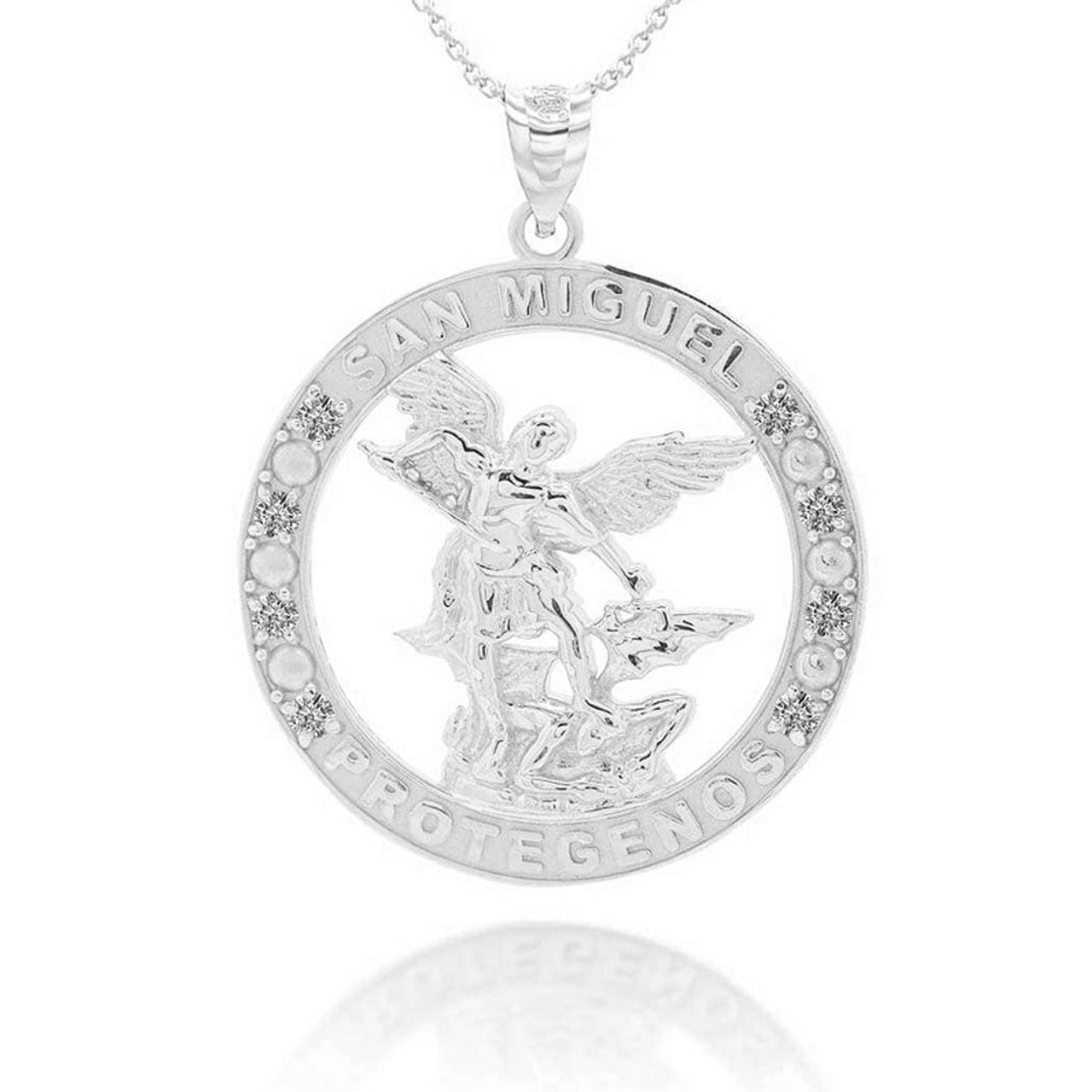 Gold Cubic Zirconia Patron Saint Michael Archangel Round Pendant Necklace, view 9