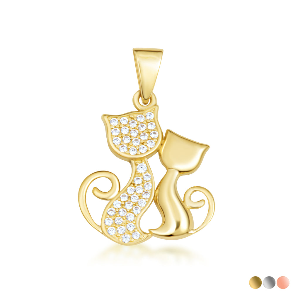 Gold Cubic Zirconia Pet Cats Silhouette Pendant Necklace