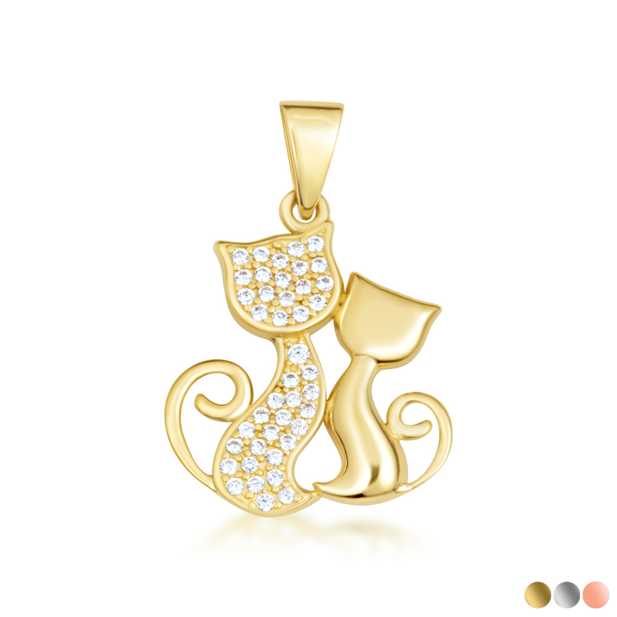 Gold Cubic Zirconia Pet Cats Silhouette Pendant Necklace