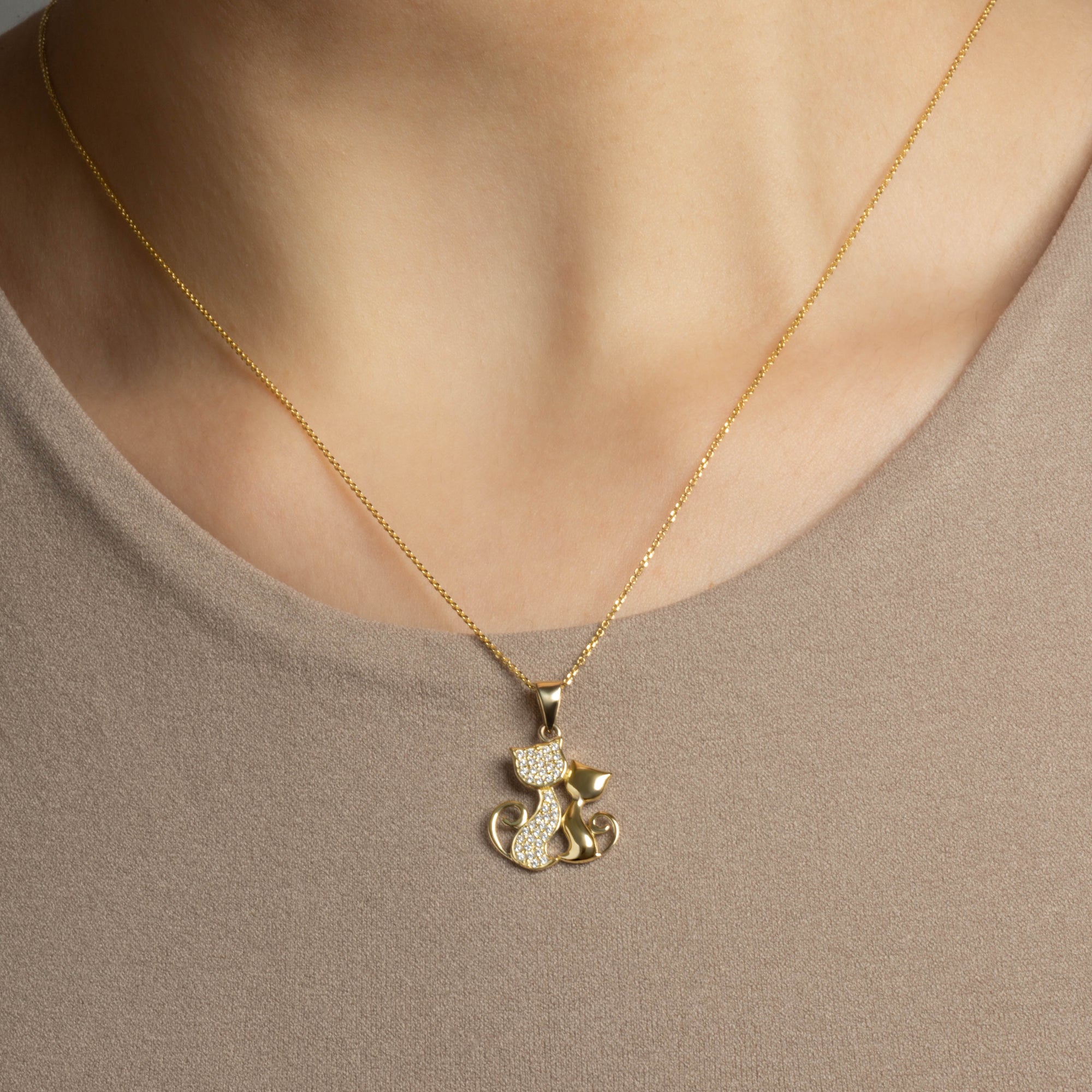 Gold Cubic Zirconia Pet Cats Silhouette Pendant Necklace, view 2