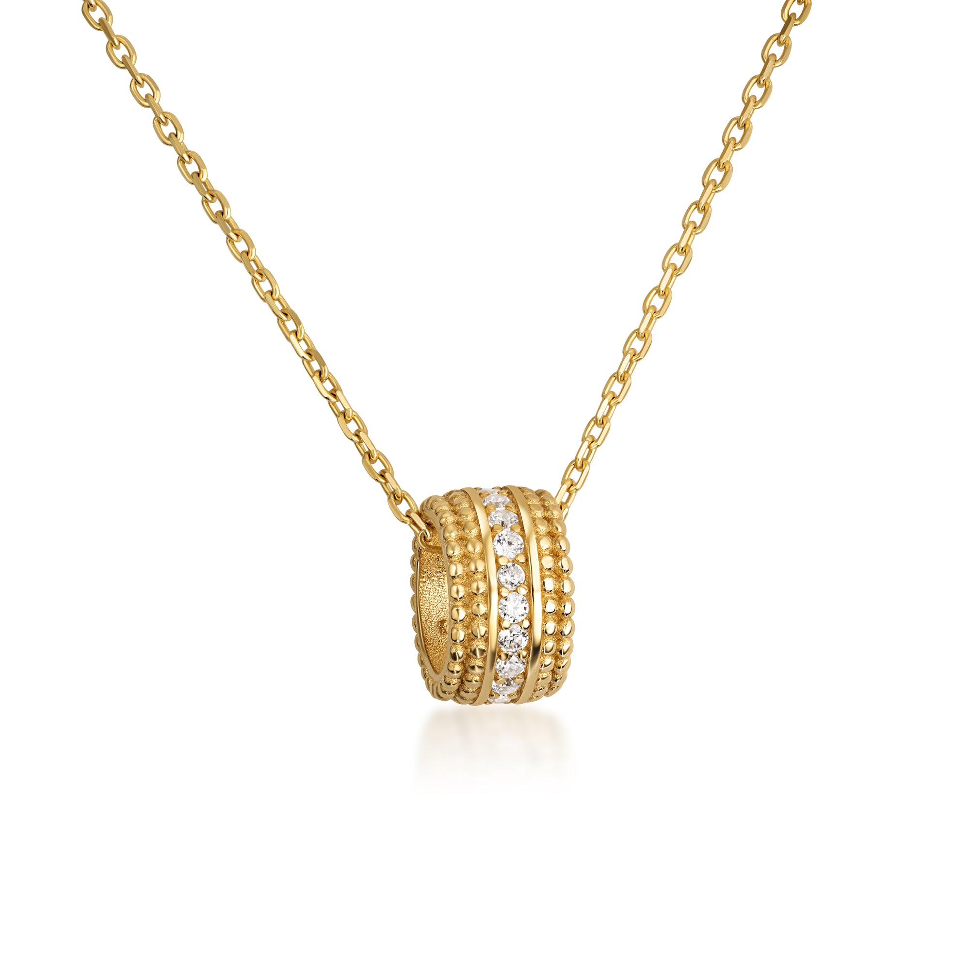 Gold Cubic Zirconia Ribbed Barrel Pendant Necklace (16"/18" Adjustable Rolo Chain)