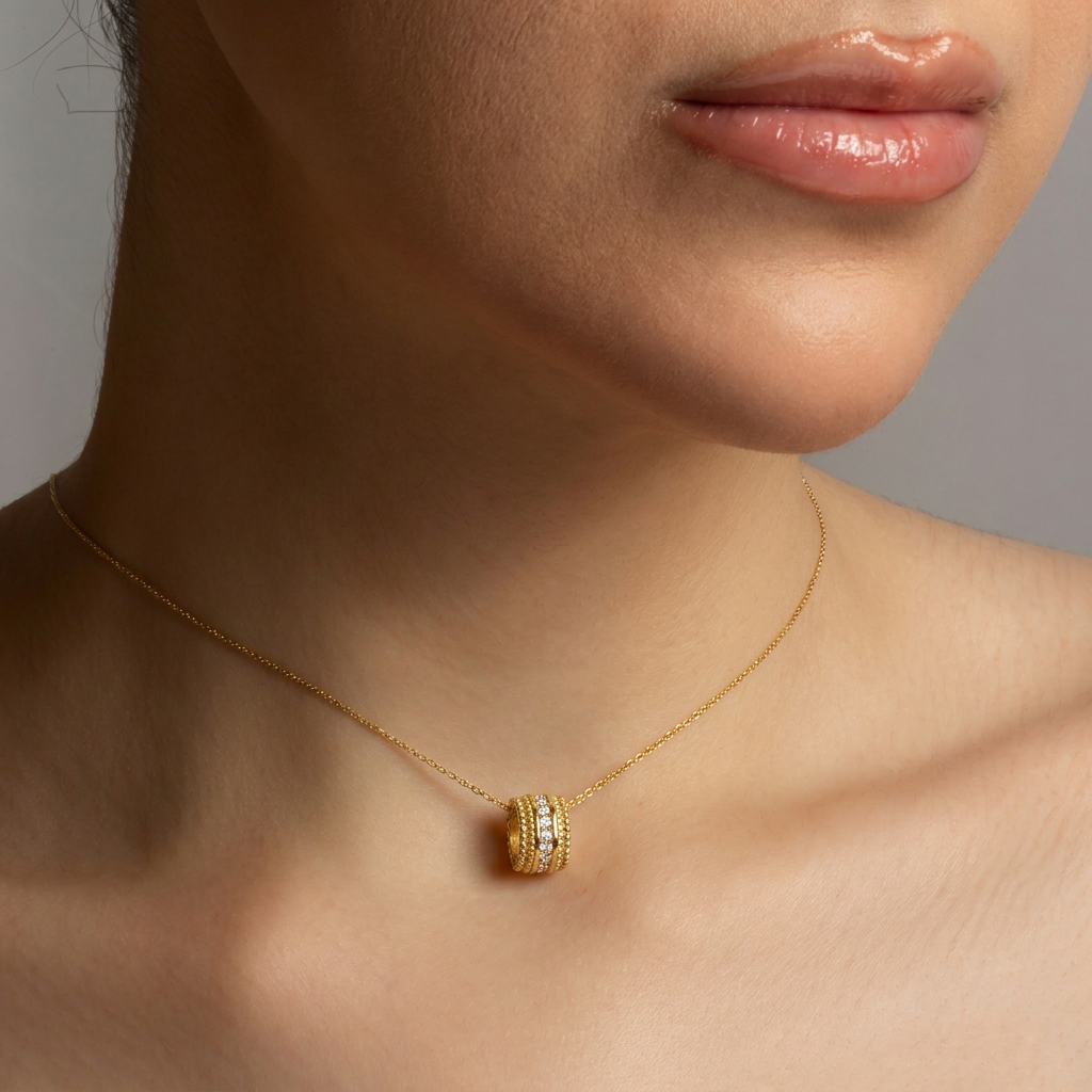 Gold Cubic Zirconia Ribbed Barrel Pendant Necklace (16"/18" Adjustable Rolo Chain), view 2