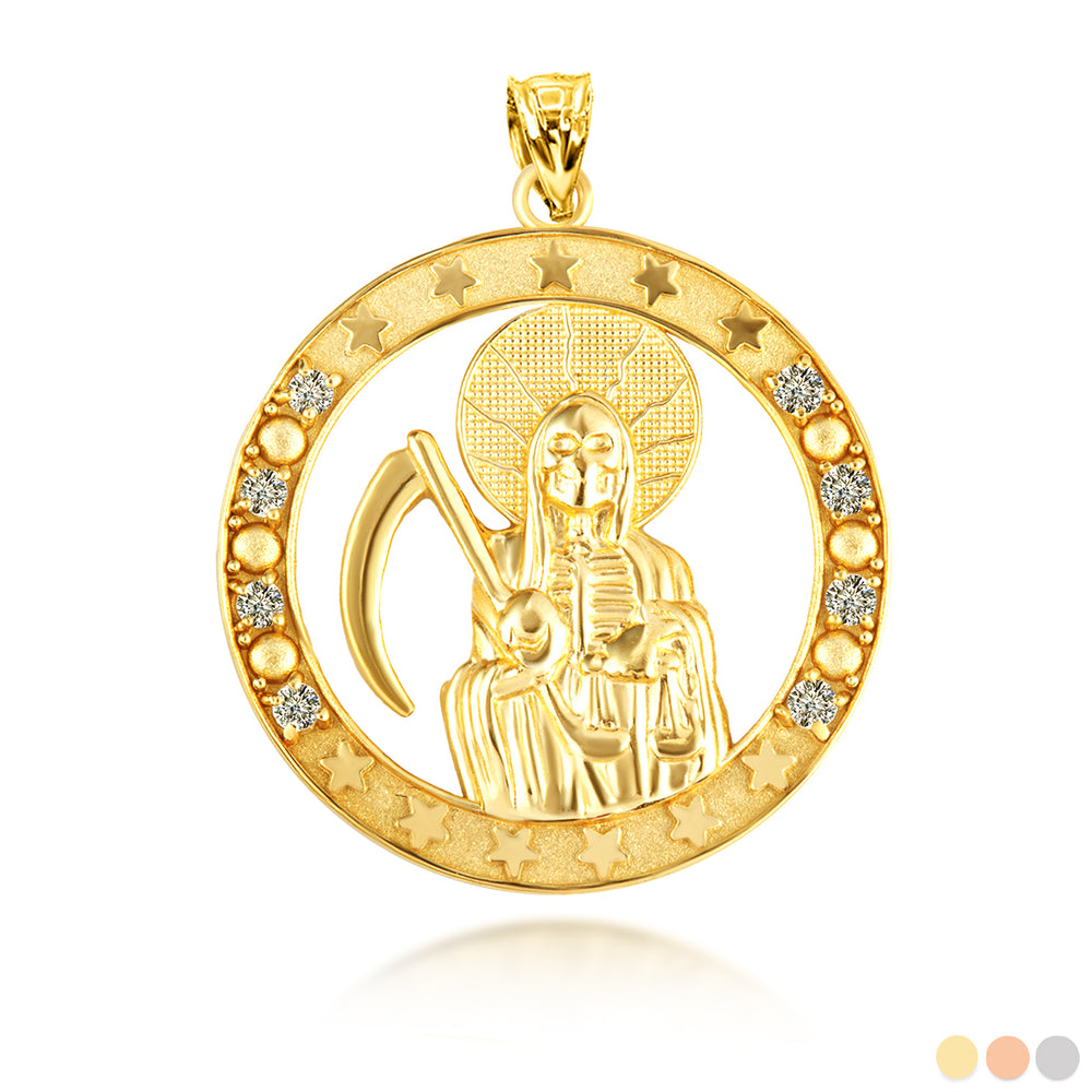 Gold Cubic Zirconia Santa Muerte Grim Reaper Round Pendant Necklace