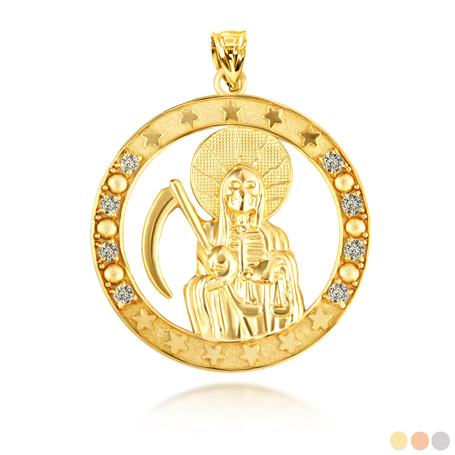 Gold Cubic Zirconia Santa Muerte Grim Reaper Round Pendant Necklace