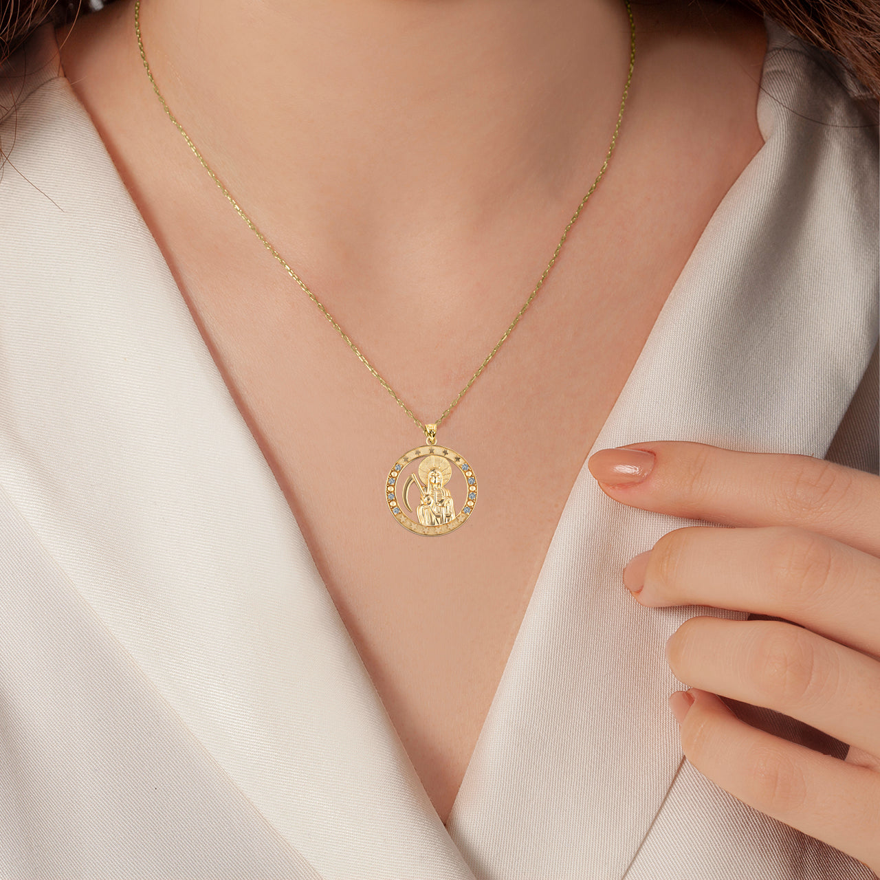 Gold Cubic Zirconia Santa Muerte Grim Reaper Round Pendant Necklace, view 3