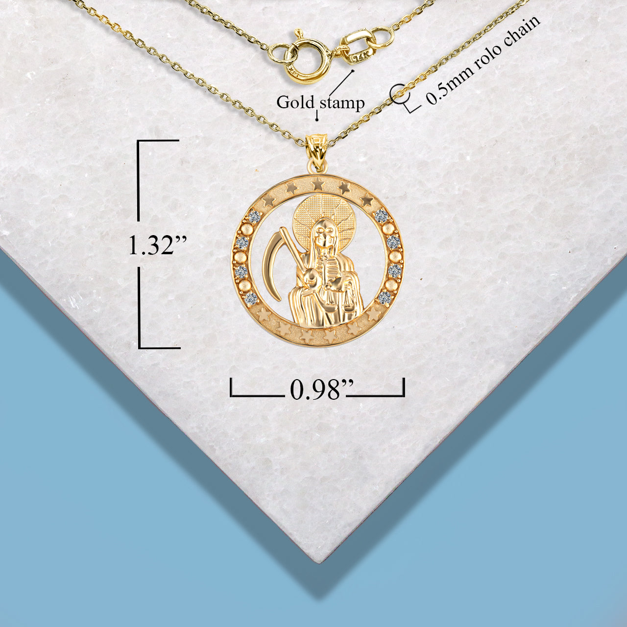 Gold Cubic Zirconia Santa Muerte Grim Reaper Round Pendant Necklace, view 4
