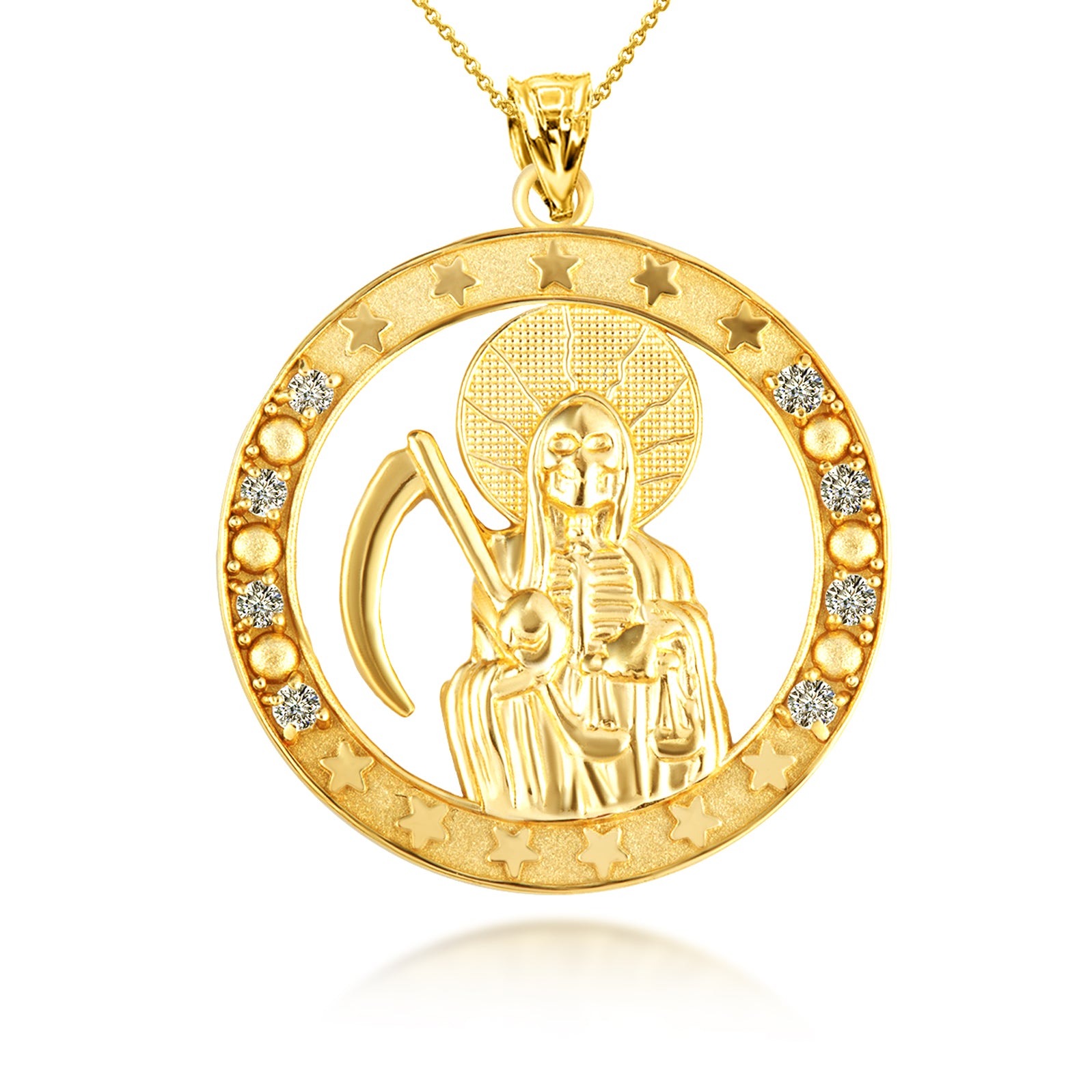 Gold Cubic Zirconia Santa Muerte Grim Reaper Round Pendant Necklace, view 5