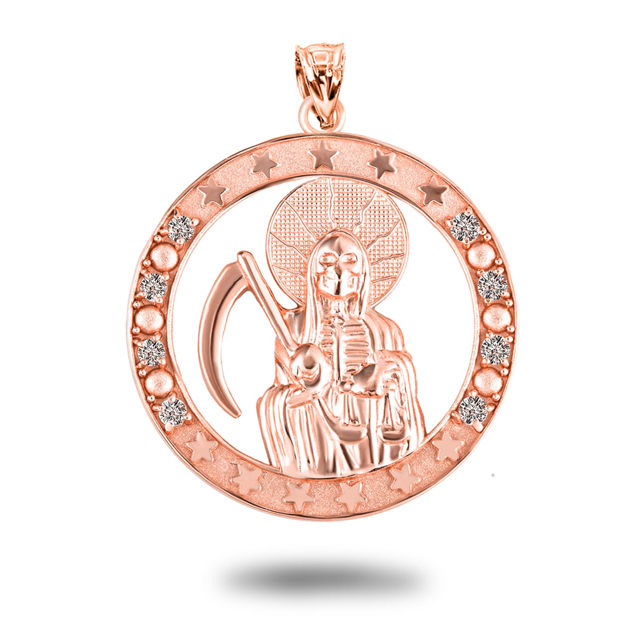 Gold Cubic Zirconia Santa Muerte Grim Reaper Round Pendant Necklace, view 6