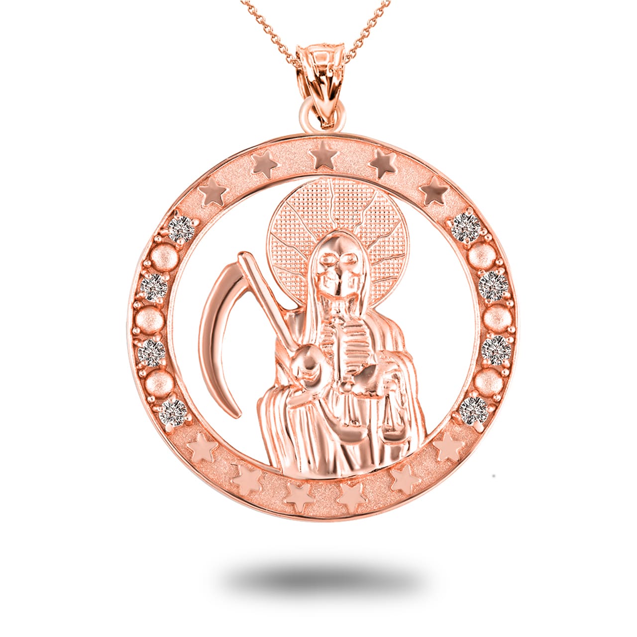 Gold Cubic Zirconia Santa Muerte Grim Reaper Round Pendant Necklace, view 7