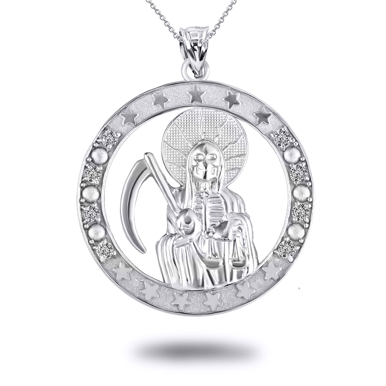 Gold Cubic Zirconia Santa Muerte Grim Reaper Round Pendant Necklace, view 9
