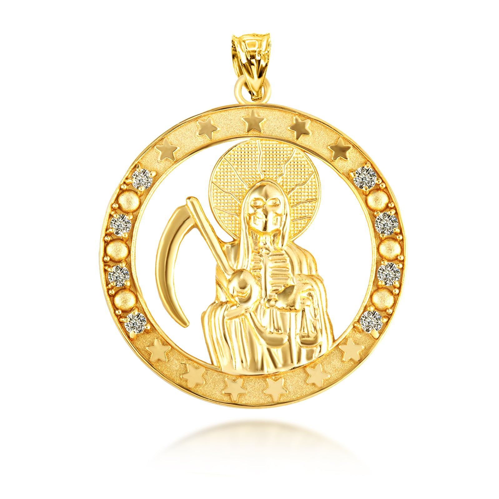 Gold Cubic Zirconia Santa Muerte Grim Reaper Round Pendant Necklace, view 10