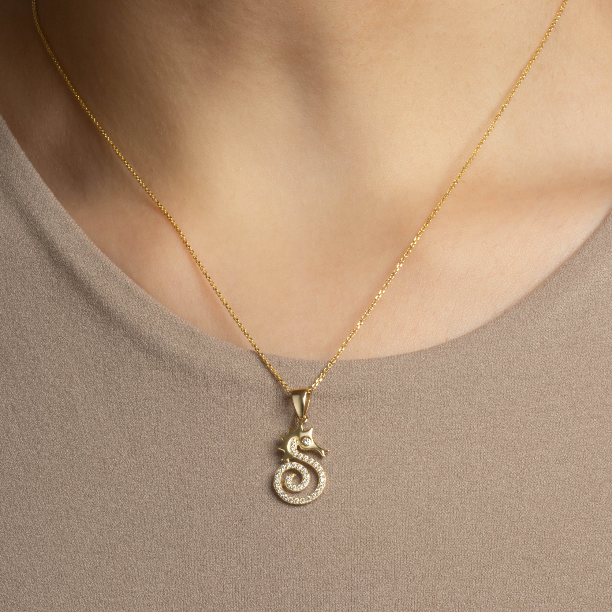 Gold Cubic Zirconia Seahorse Pendant Necklace, view 2