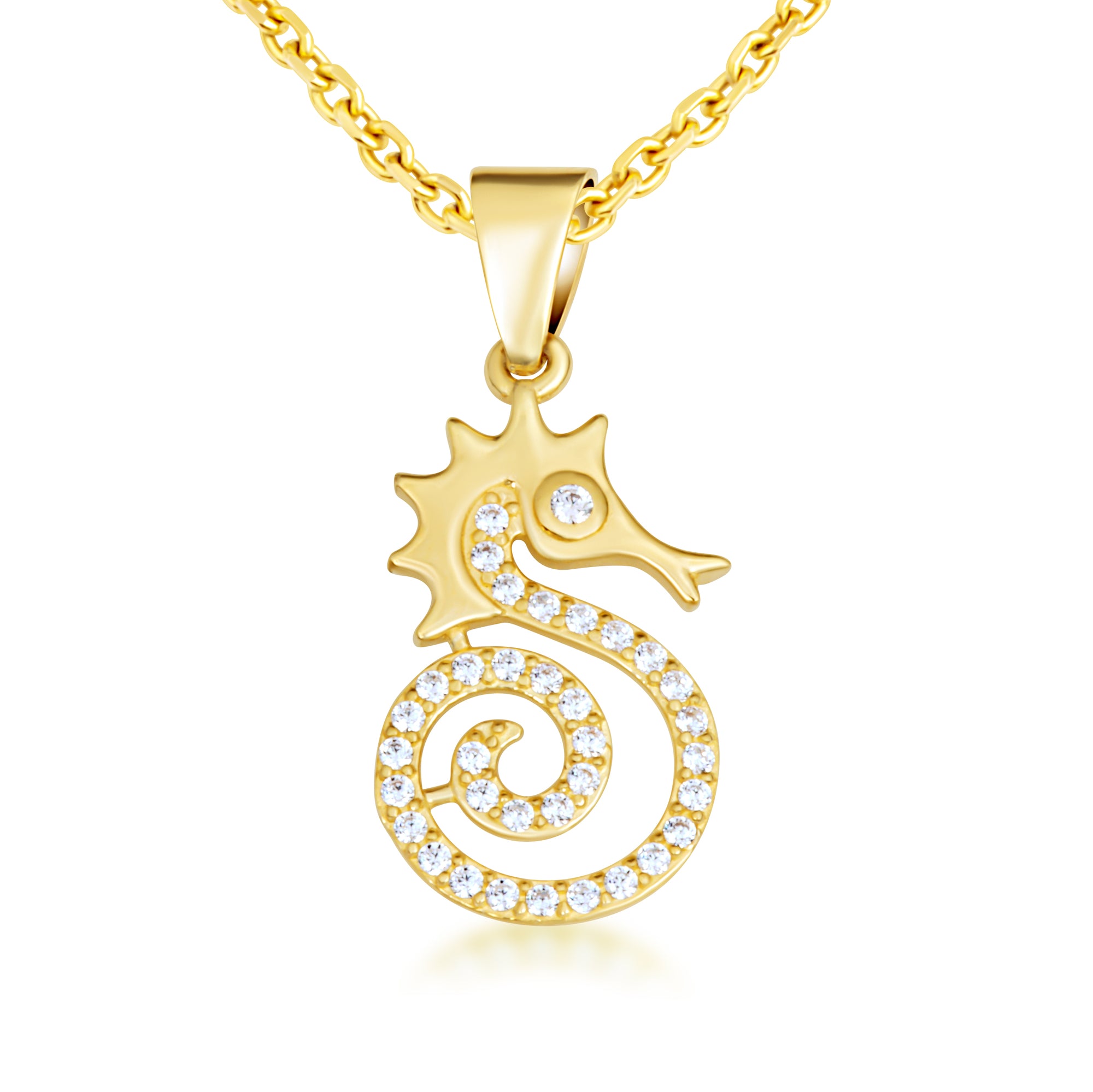Gold Cubic Zirconia Seahorse Pendant Necklace, view 4
