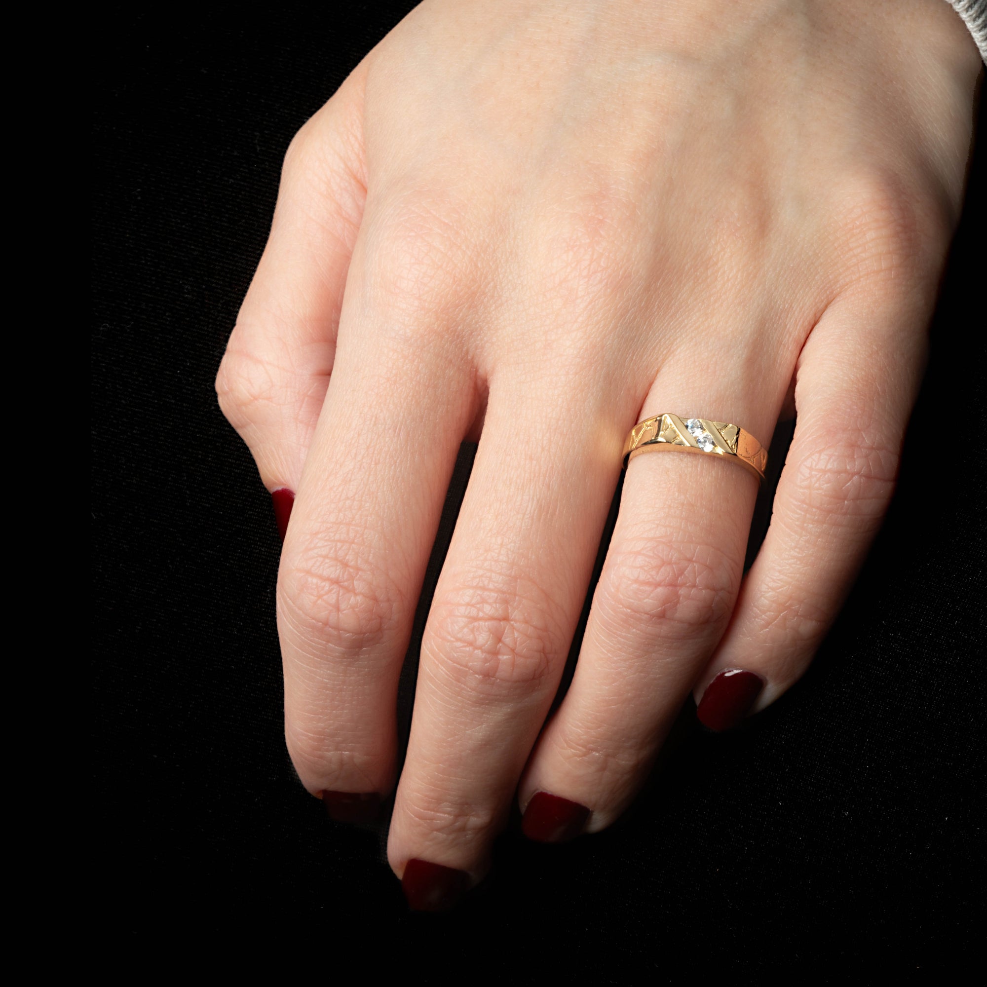 Gold Cubic Zirconia Striped Band Ring, view 2