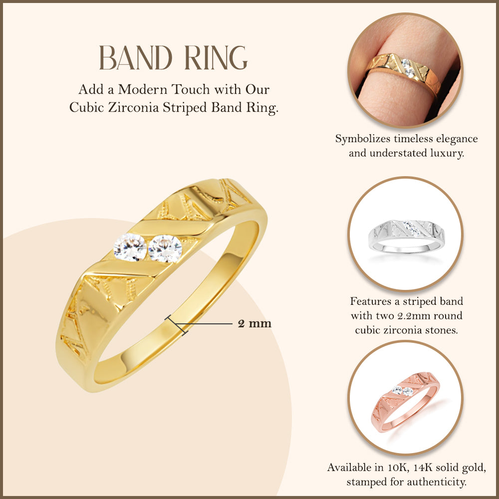 Gold Cubic Zirconia Striped Band Ring, view 3