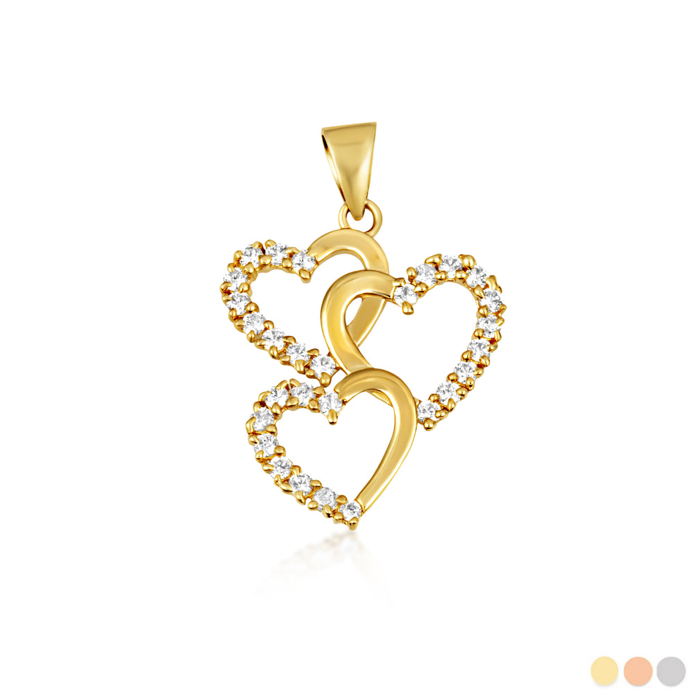 Gold Cubic Zirconia Triple Heart Pendant Necklace