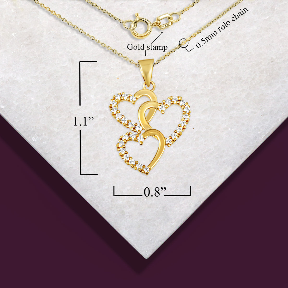 Gold Cubic Zirconia Triple Heart Pendant Necklace, view 3