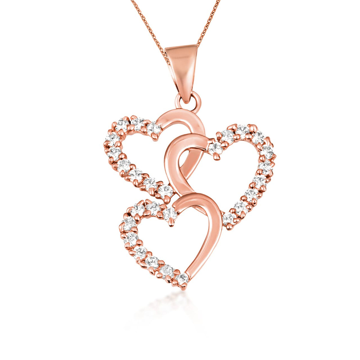 Gold Cubic Zirconia Triple Heart Pendant Necklace, view 4