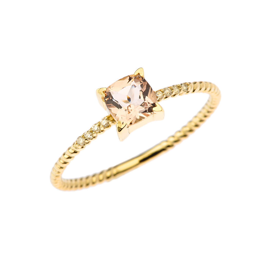 Gold Cushion Cut Genuine Morganite Gemstone Diamond Rope Ring