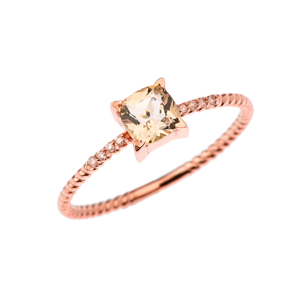 Gold Cushion Cut Genuine Morganite Gemstone Diamond Rope Ring, view 2