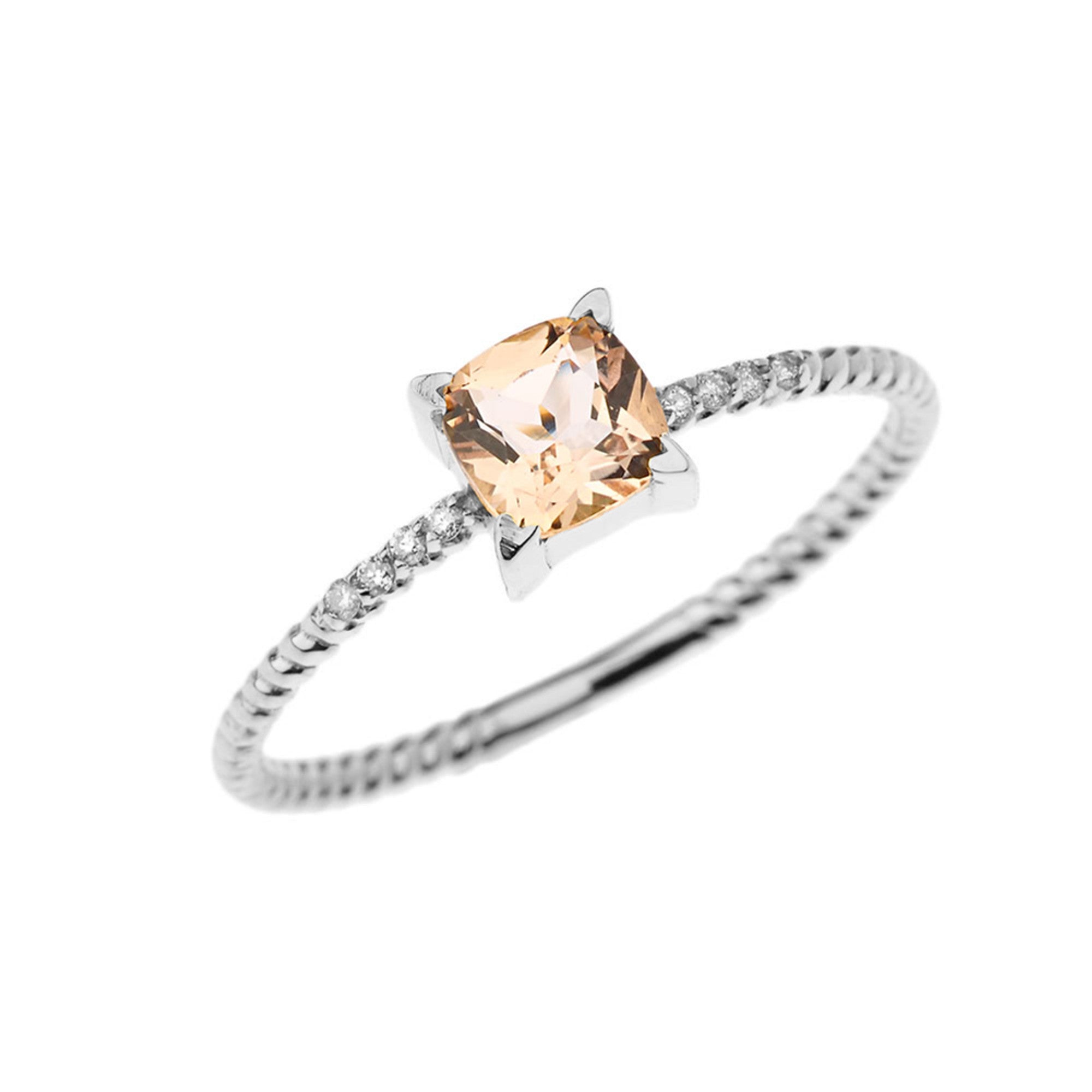 Gold Cushion Cut Genuine Morganite Gemstone Diamond Rope Ring, view 3