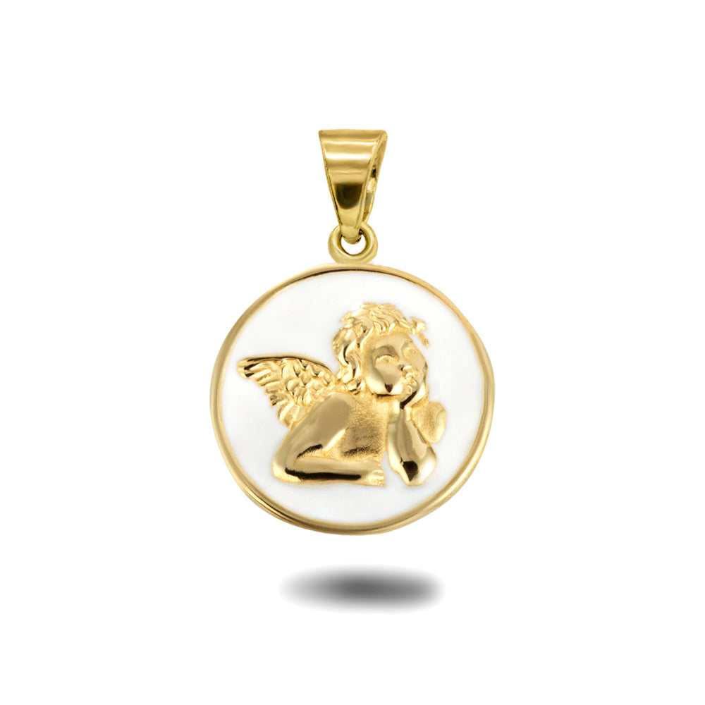 Gold Custom Enamel Cherub Angel Medallion Pendant Necklace