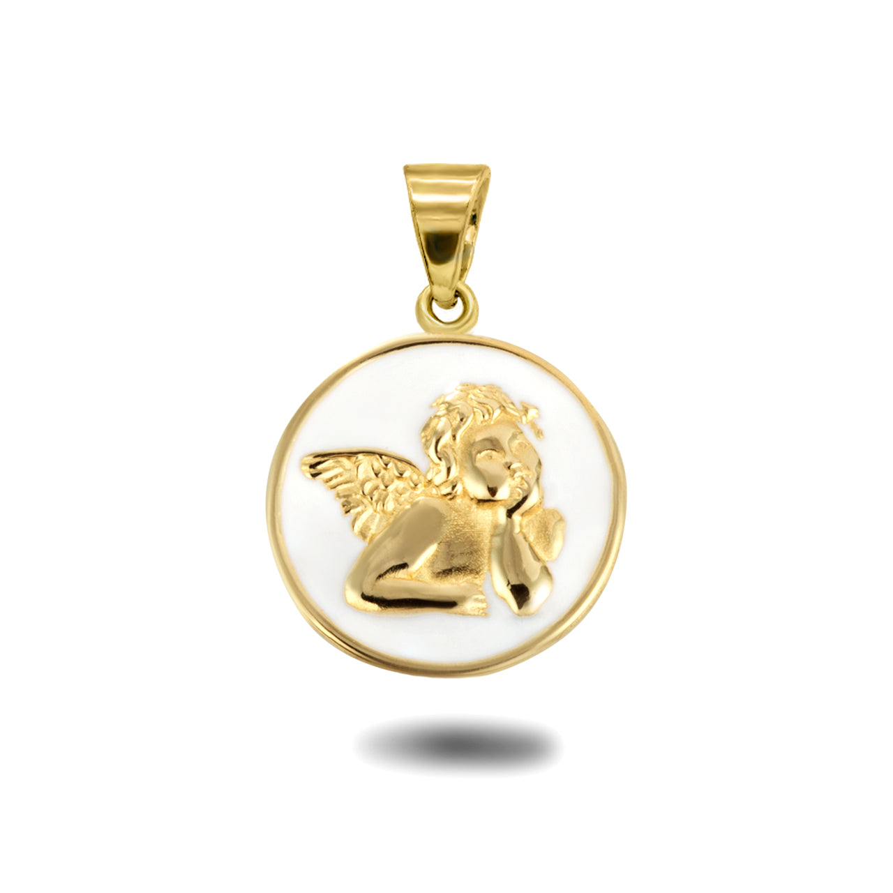 Gold Custom Enamel Cherub Angel Medallion Pendant Necklace