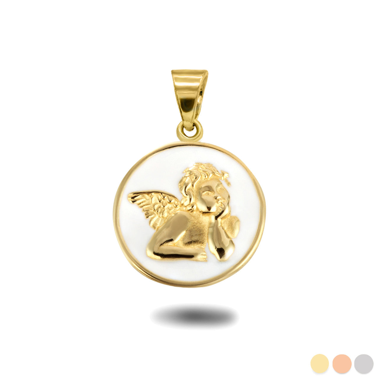 Gold Custom Enamel Cherub Angel Medallion Pendant Necklace, view 2