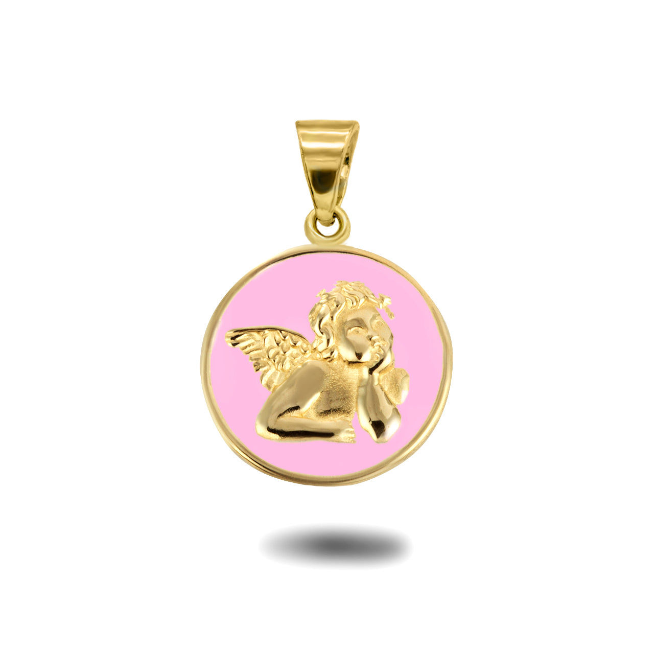 Gold Custom Enamel Cherub Angel Medallion Pendant Necklace, view 3