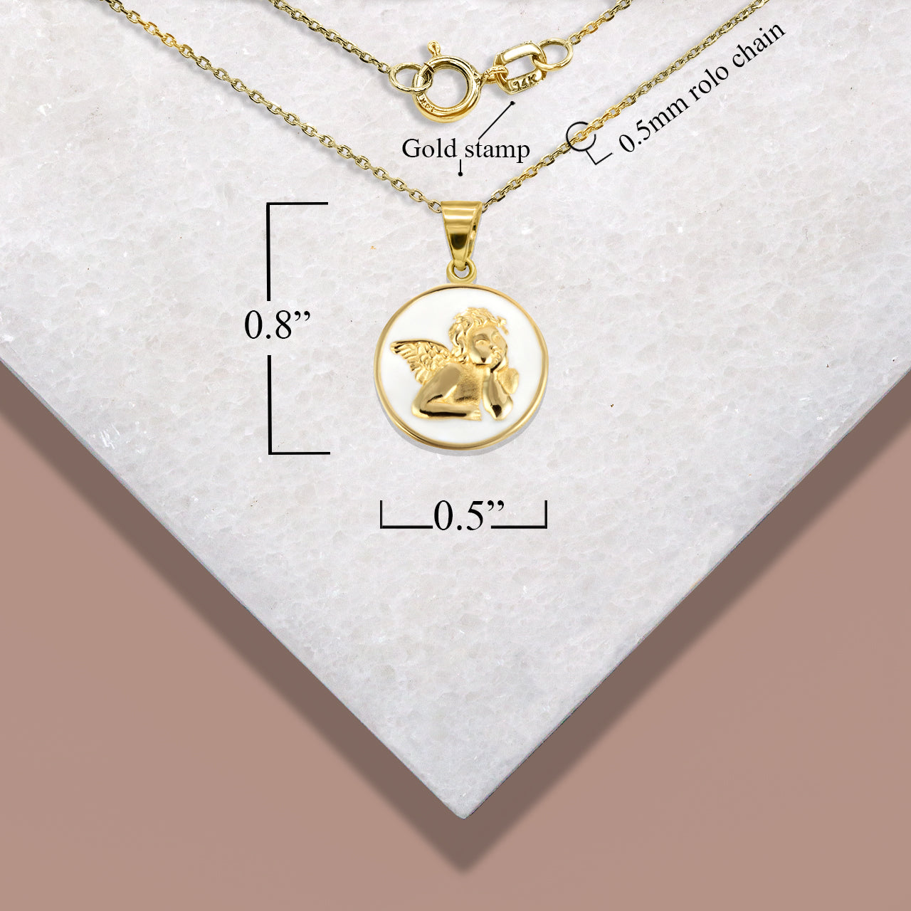 Gold Custom Enamel Cherub Angel Medallion Pendant Necklace, view 5