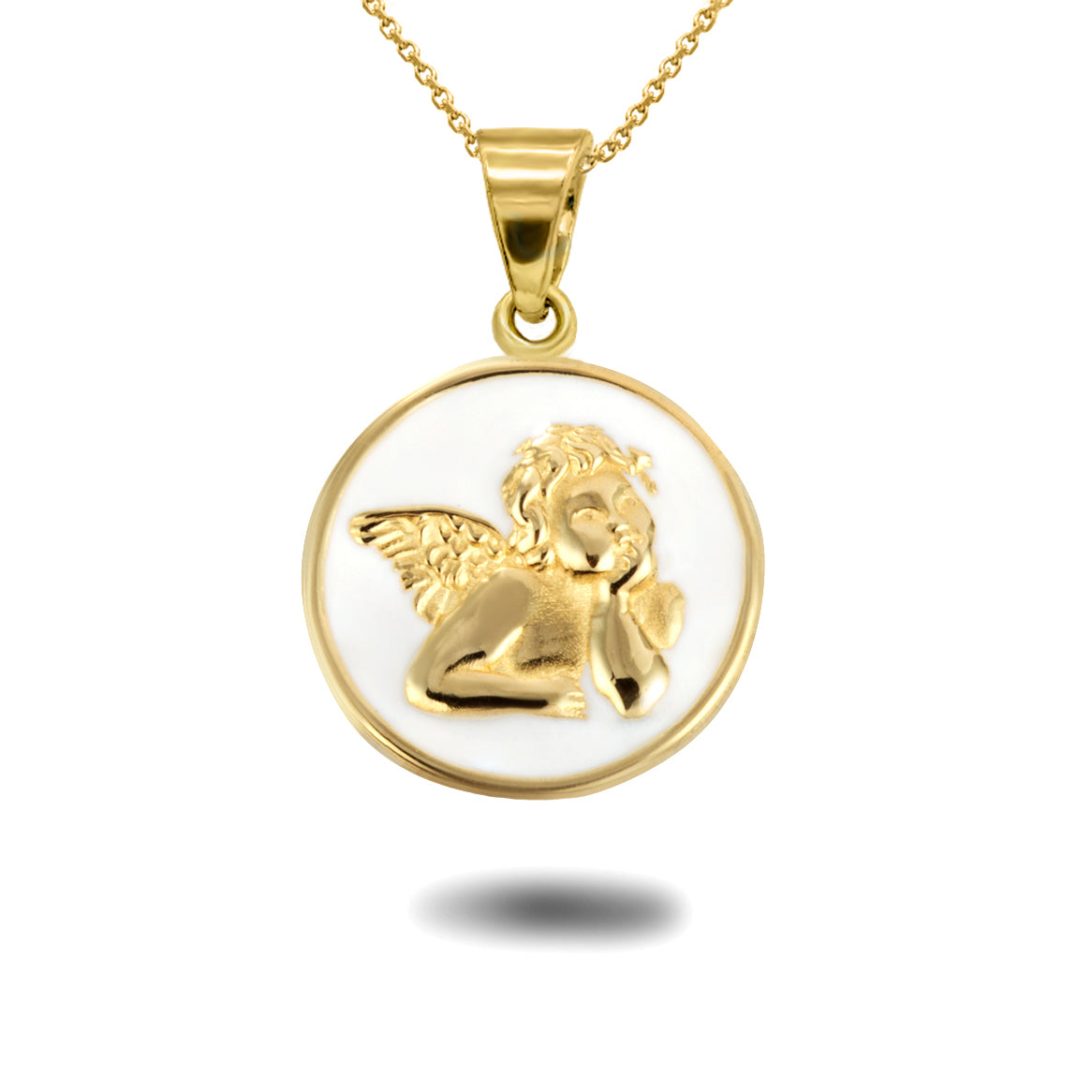 Gold Custom Enamel Cherub Angel Medallion Pendant Necklace, view 6