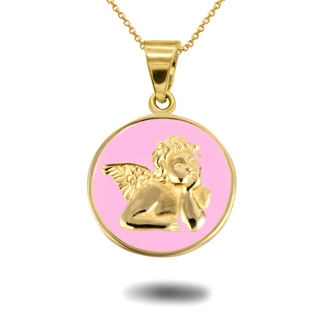 Gold Custom Enamel Cherub Angel Medallion Pendant Necklace, view 7