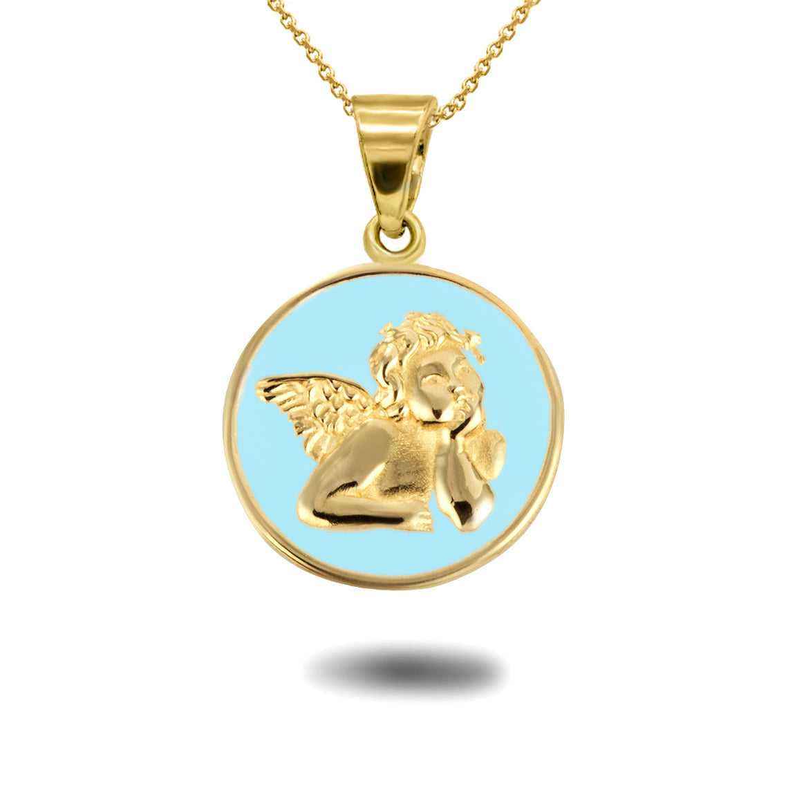 Gold Custom Enamel Cherub Angel Medallion Pendant Necklace, view 9