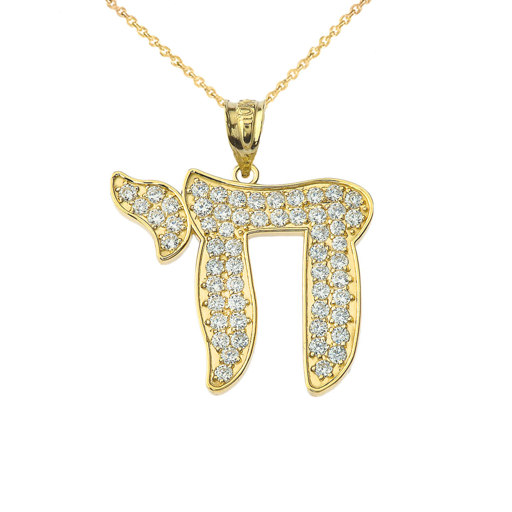 Gold CZ Chic Chai Pendant Necklace (0.9")