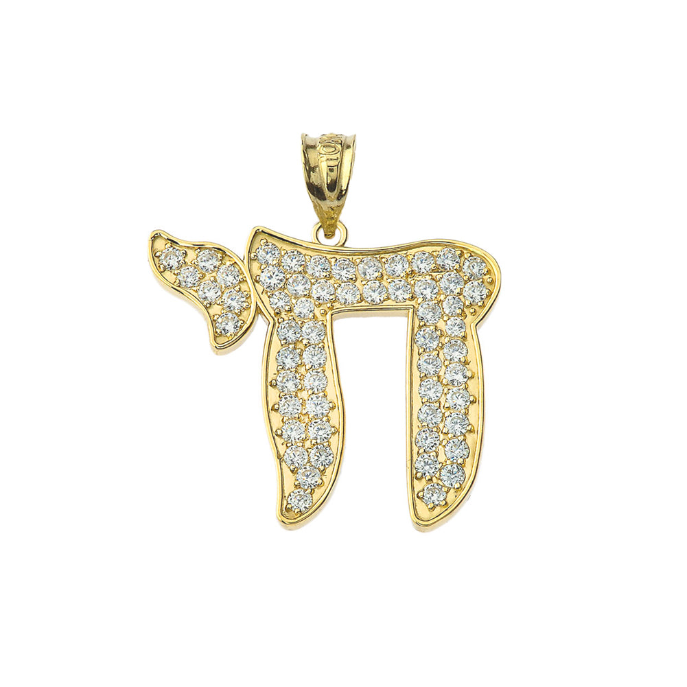 Gold CZ Chic Chai Pendant Necklace (0.9"), view 4