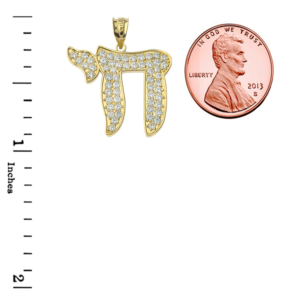 Gold CZ Chic Chai Pendant Necklace (0.9"), view 5