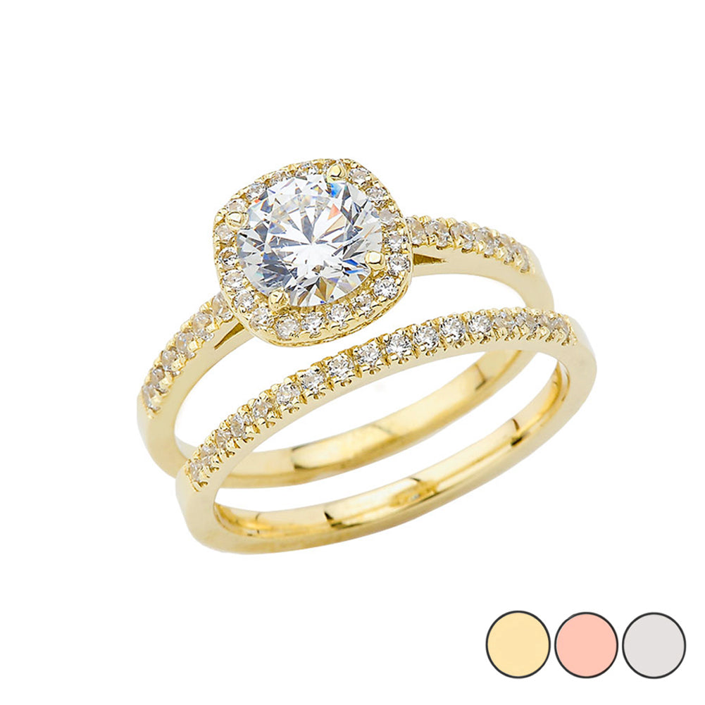 Gold CZ Halo Engagement Band Ring Set