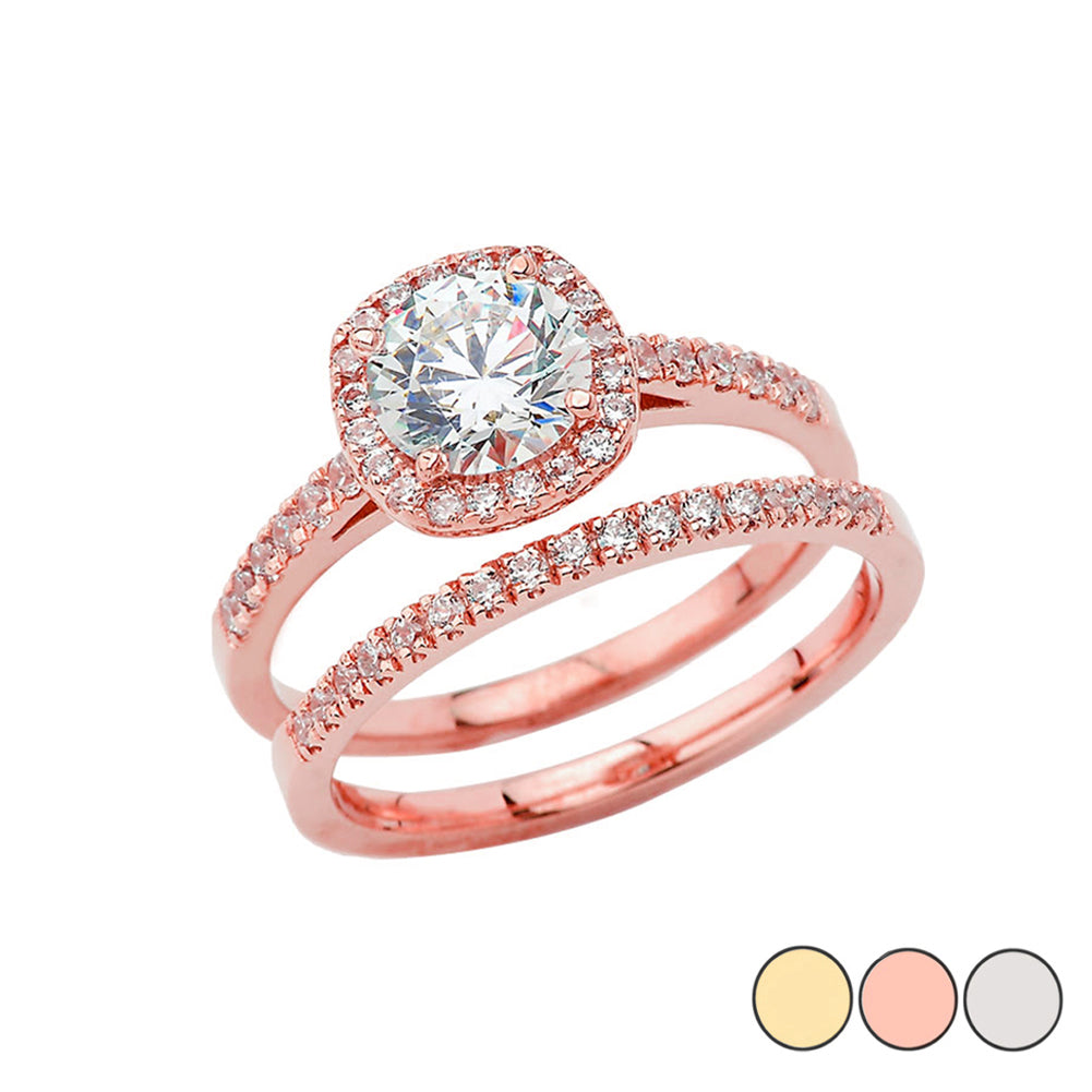 Gold CZ Halo Engagement Band Ring Set, view 2