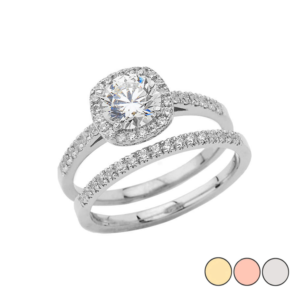Gold CZ Halo Engagement Band Ring Set, view 3