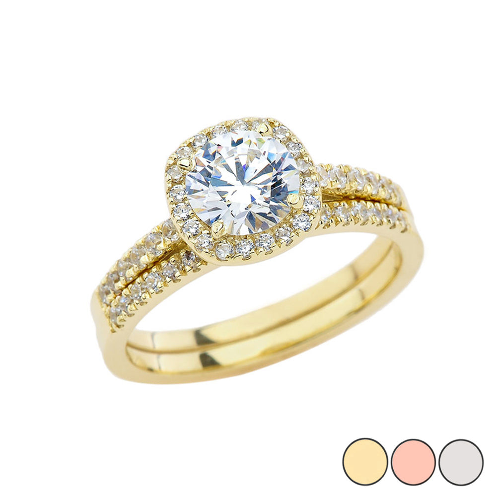 Gold CZ Halo Engagement Band Ring Set, view 4
