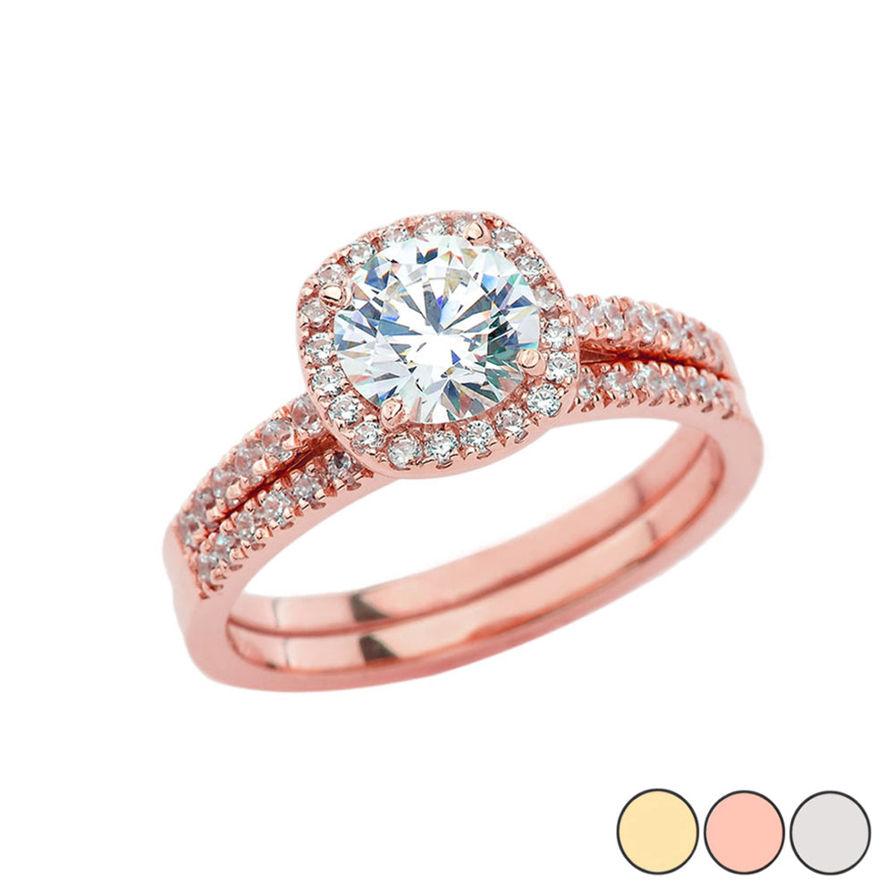 Gold CZ Halo Engagement Band Ring Set, view 6