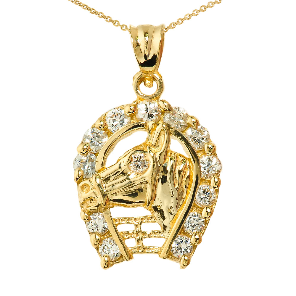 Gold CZ Horseshoe with Horse Head Charm Pendant Necklace