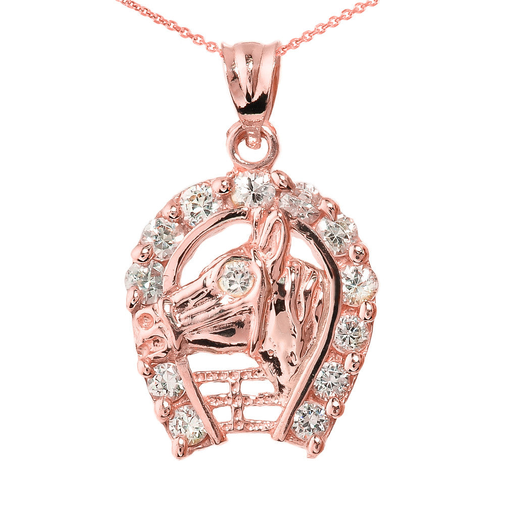 Gold CZ Horseshoe with Horse Head Charm Pendant Necklace, view 2