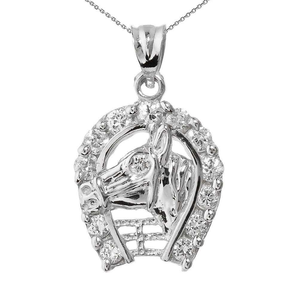 Gold CZ Horseshoe with Horse Head Charm Pendant Necklace, view 3