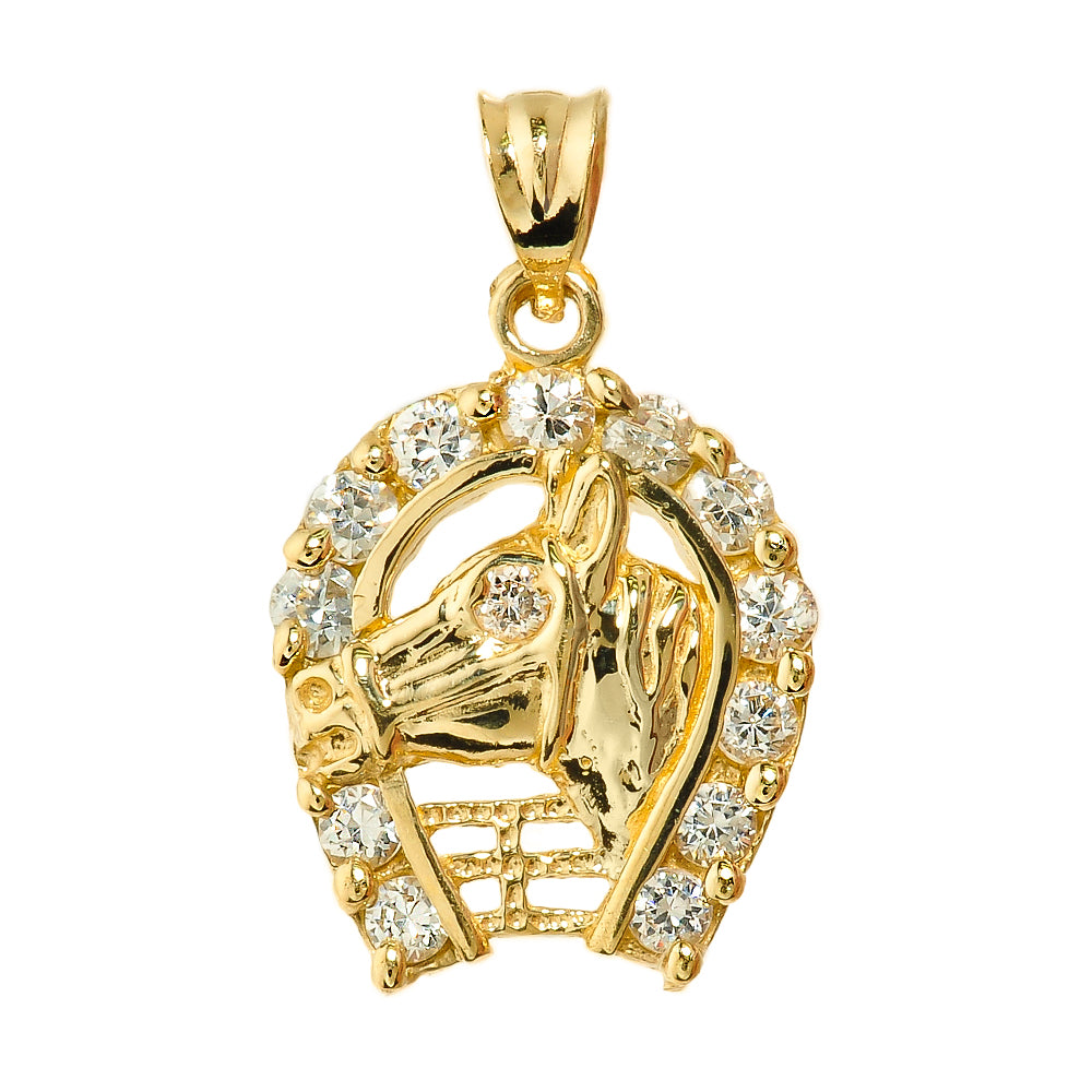 Gold CZ Horseshoe with Horse Head Charm Pendant Necklace, view 4