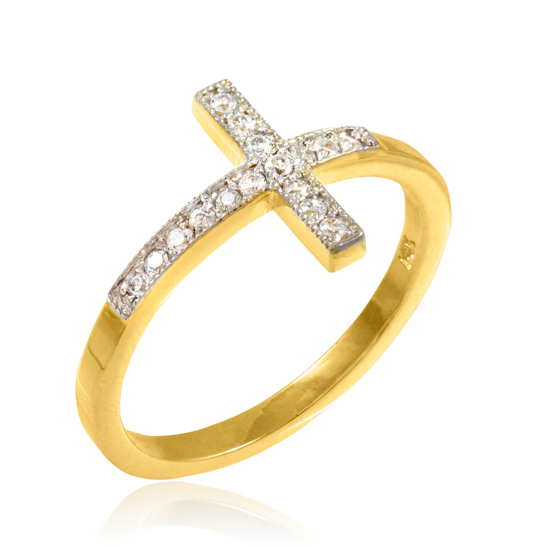 Gold CZ Pave Sideways Cross Ring