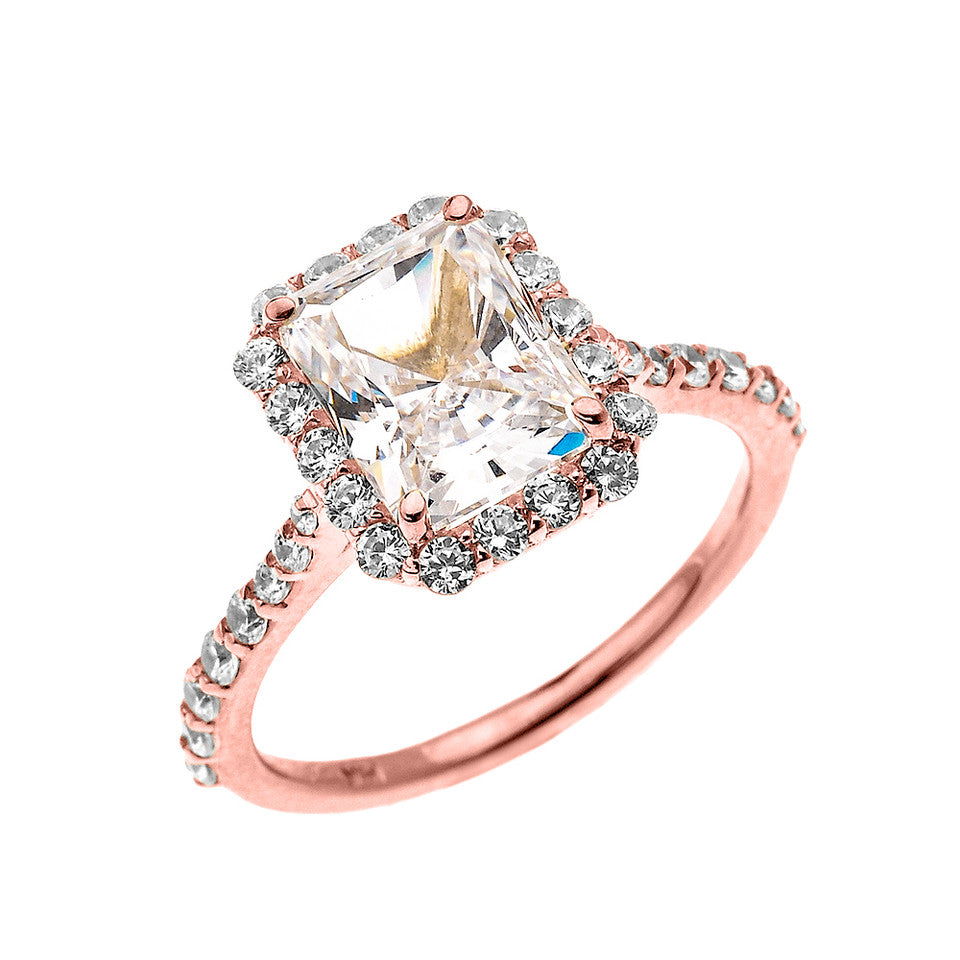 Gold Dainty 2 Carat Emerald Cut CZ Halo Solitaire Ring, view 2