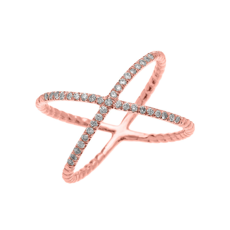 Gold Dainty Criss Cross Diamond Rope Design Ring, view 3