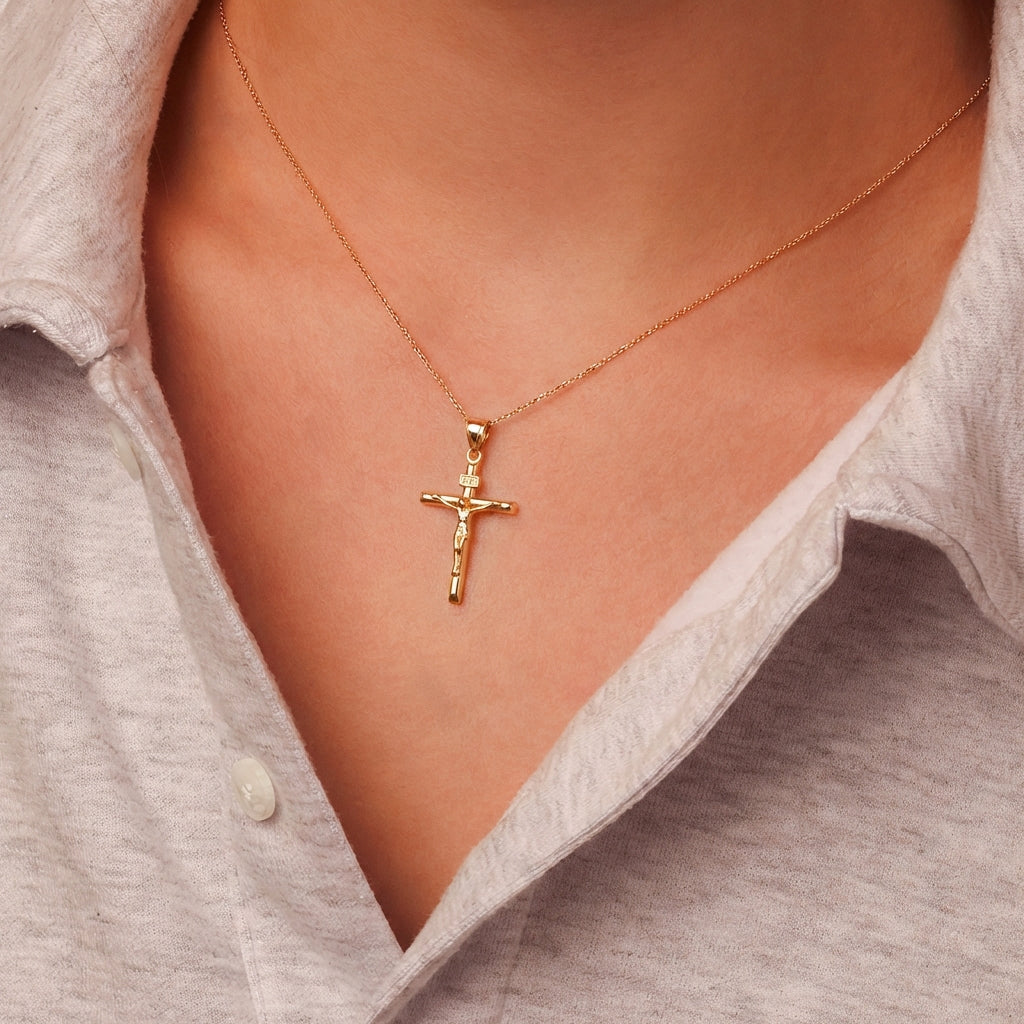 Gold Dainty Crucifix Cross (INRI) Pendant Necklace, view 2