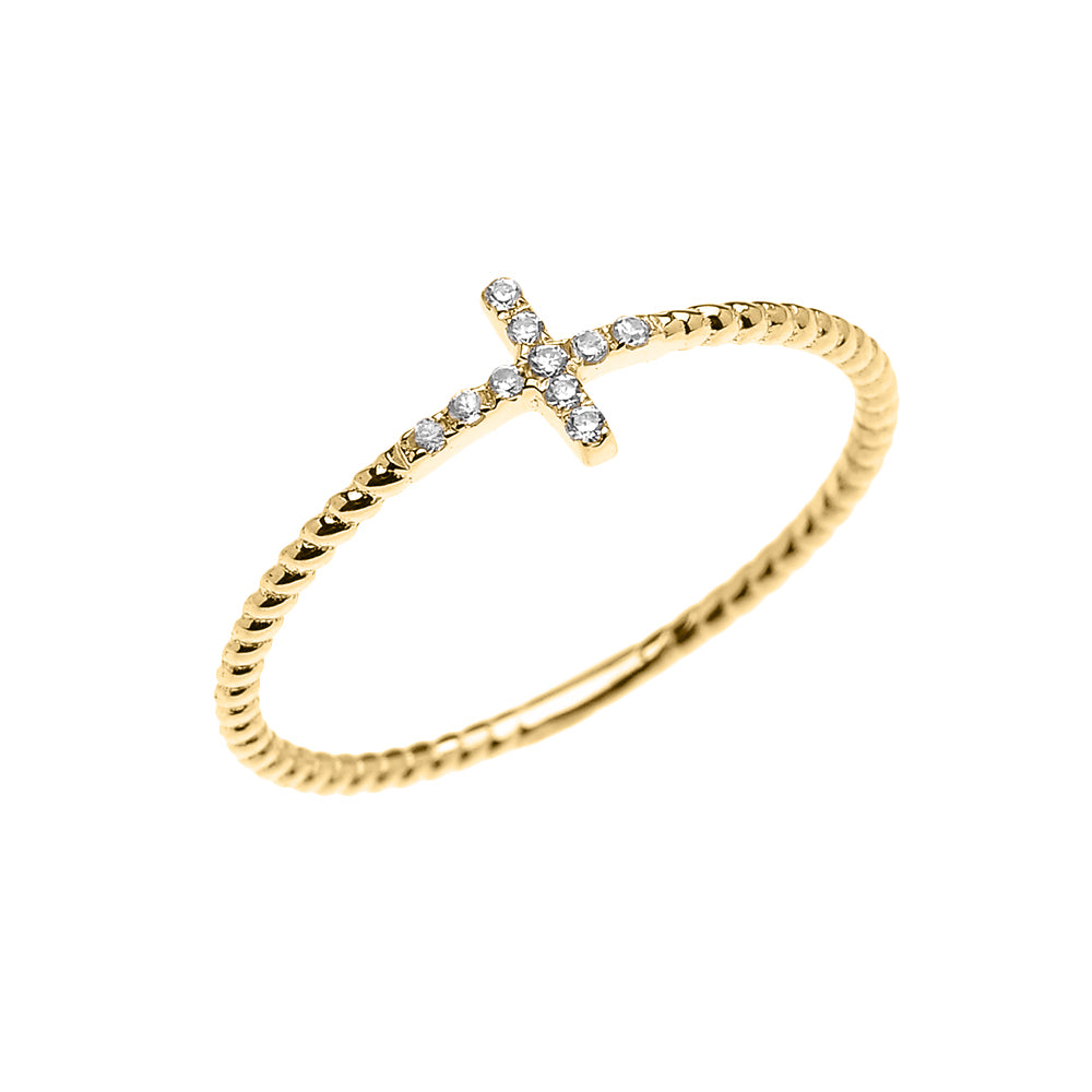 Gold Dainty Diamond Sideways Cross Rope Band Ring